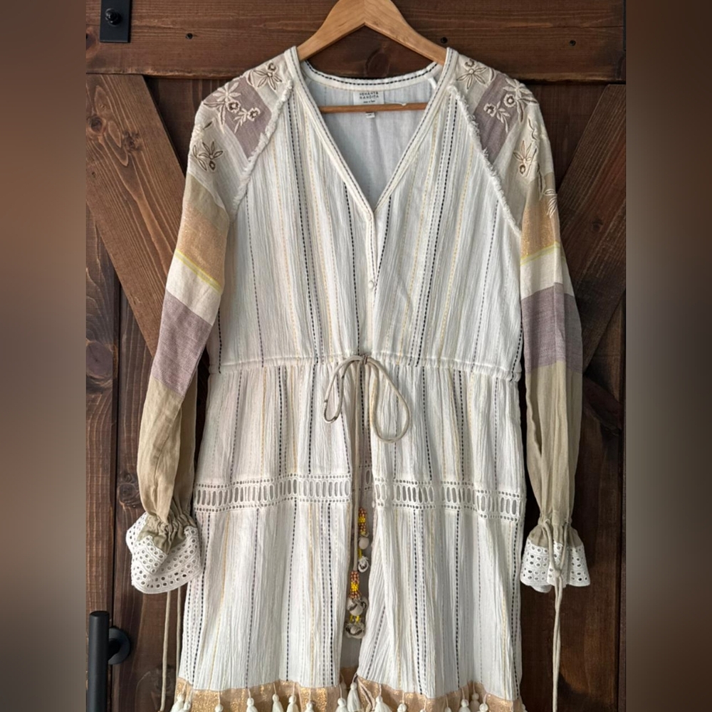 Hemant & Nandita Cream Embroidered Bohemian Maxi Dress with Tassels 100% Cotton - Picture 2 of 6